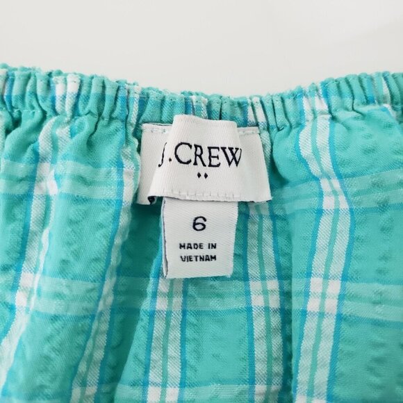 J Crew Factory Seersucker Ruffleneck Mini Dress Womens Size 6 Aqua Plaid Cotton - Picture 9 of 15